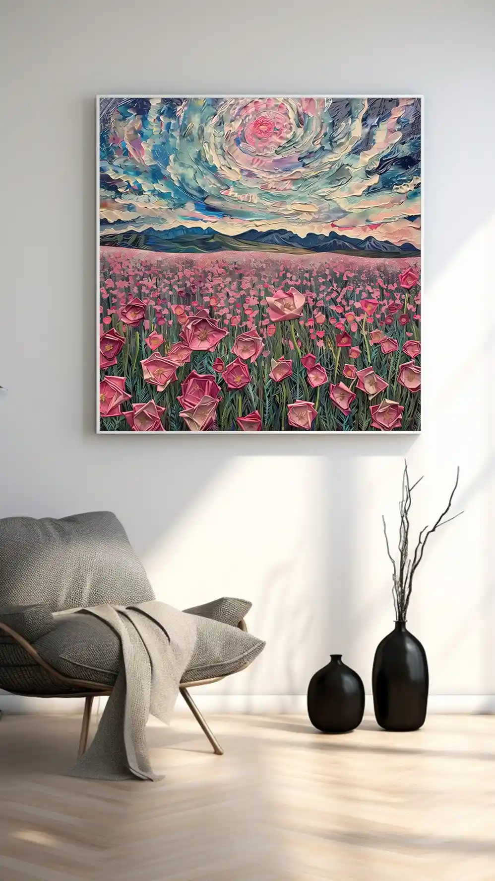 Pembe Çiçekler ve Girdaplı Gökyüzü