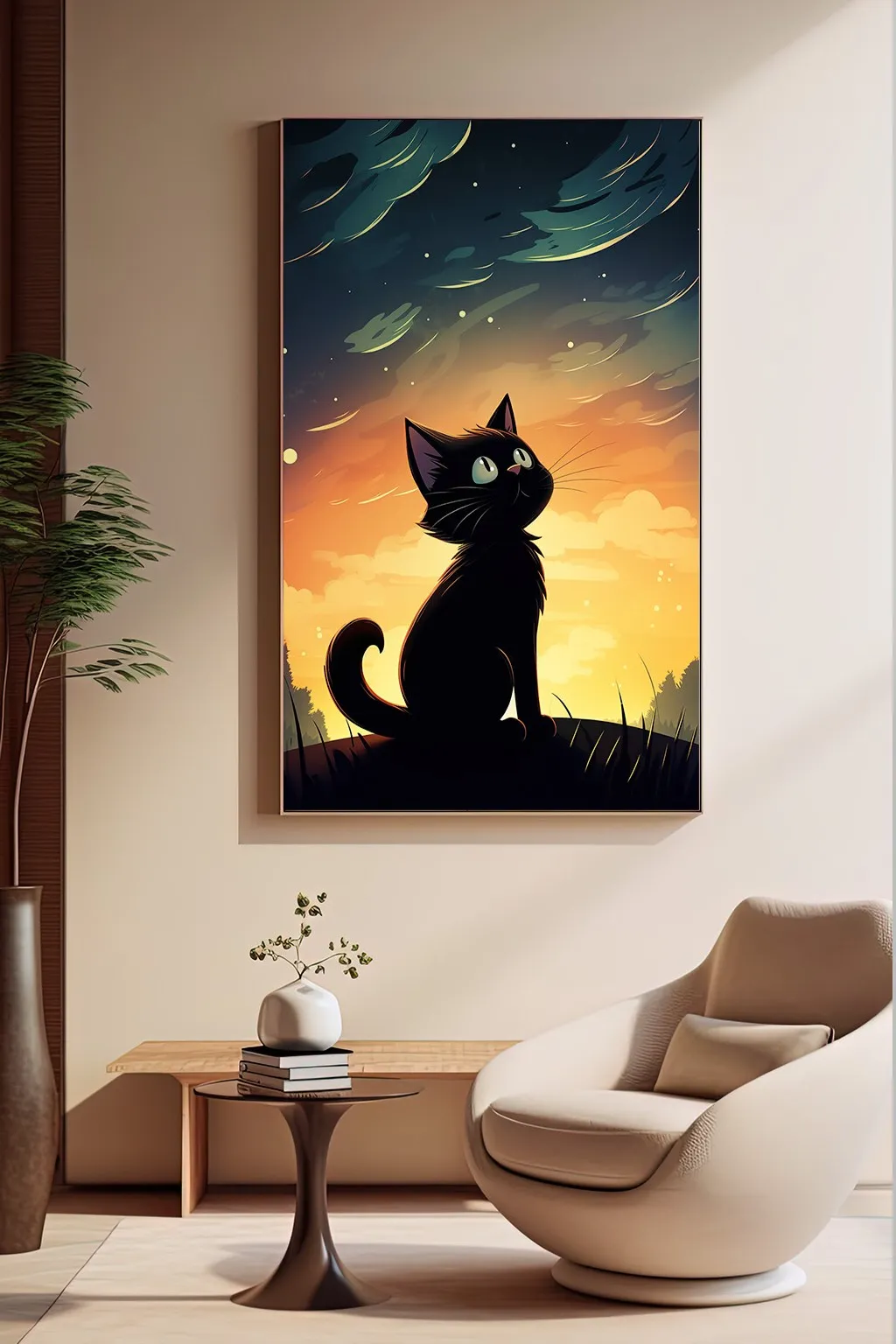 Yıldızlı Gecede Siyah Kedinin Merakı