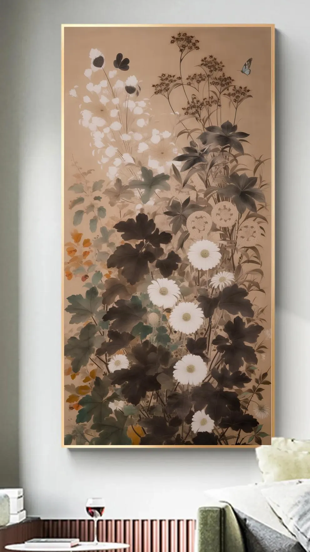 Pastel Arka Planda Kır Çiçekleri ve Kelebekler