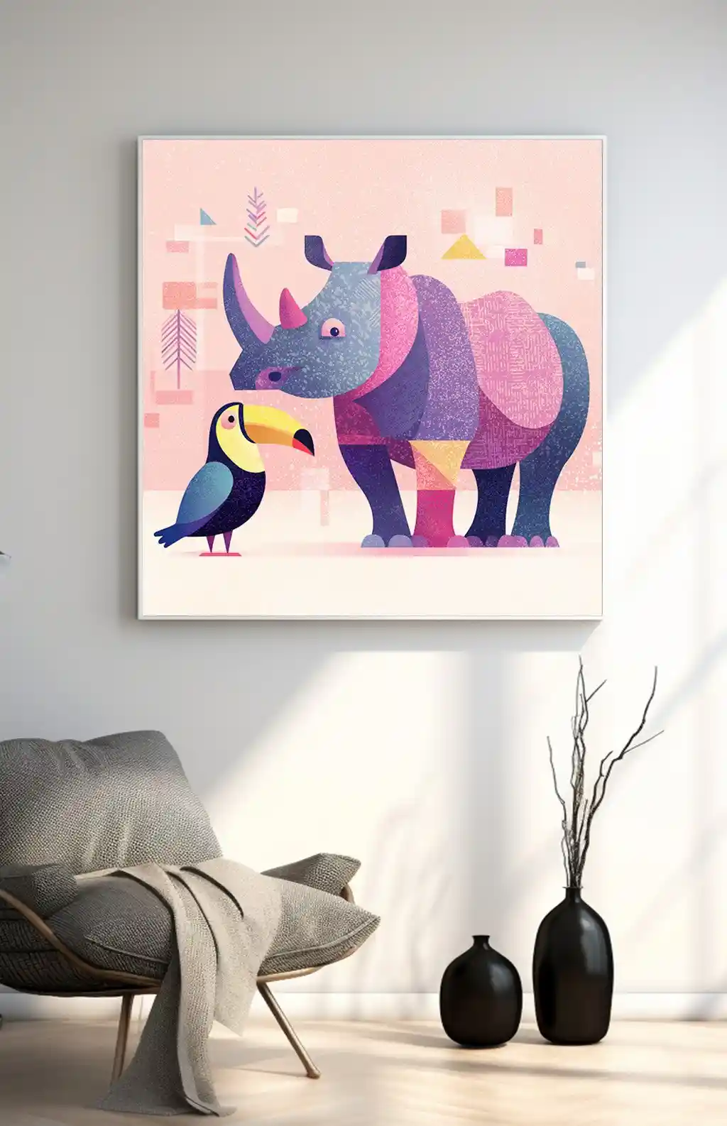 Pembe Bulutlar Altında Geometrik Gergedan ve Tukan Dostluğu