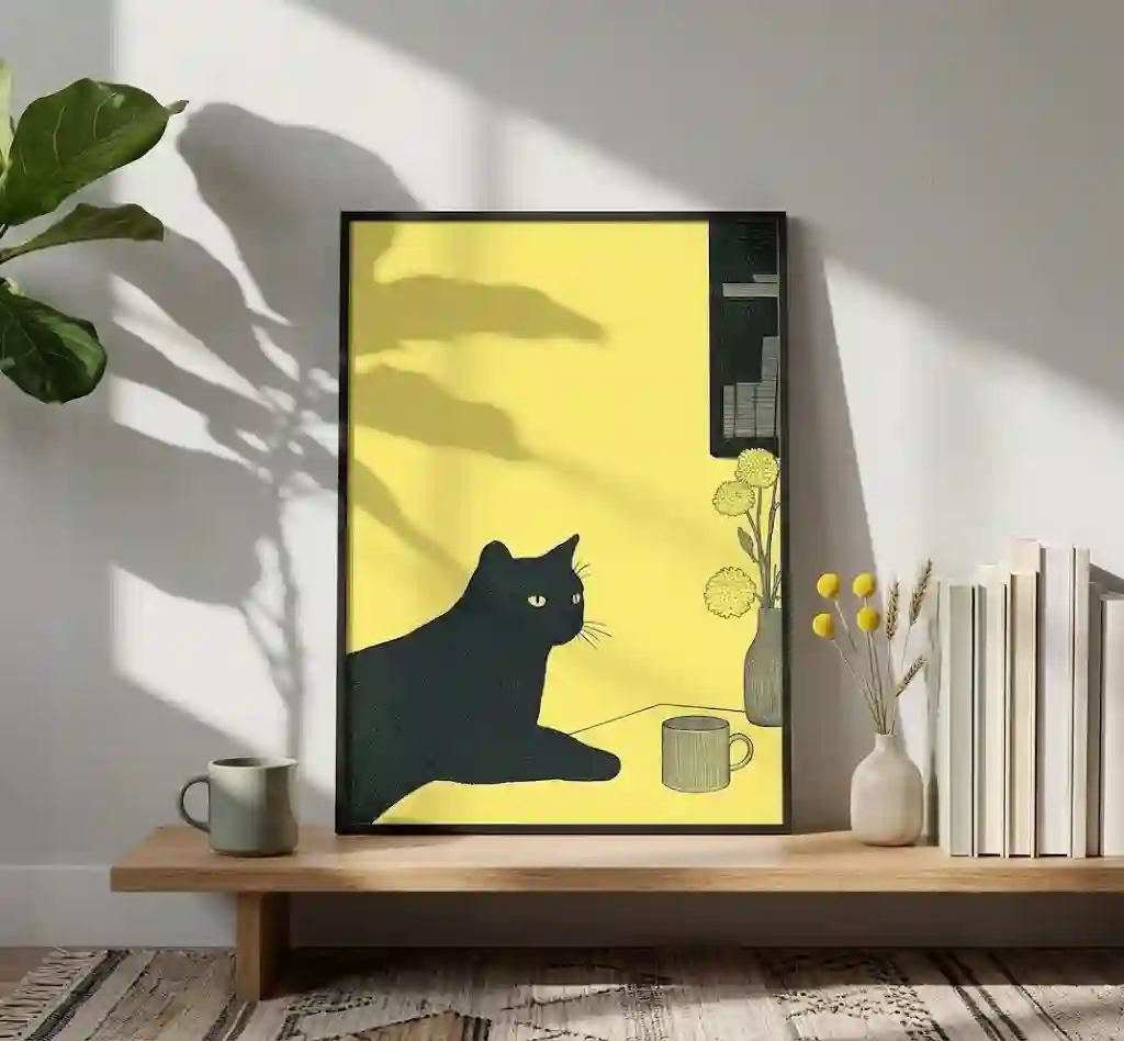 Sarı Arka Planda Huzurlu Siyah Kedi