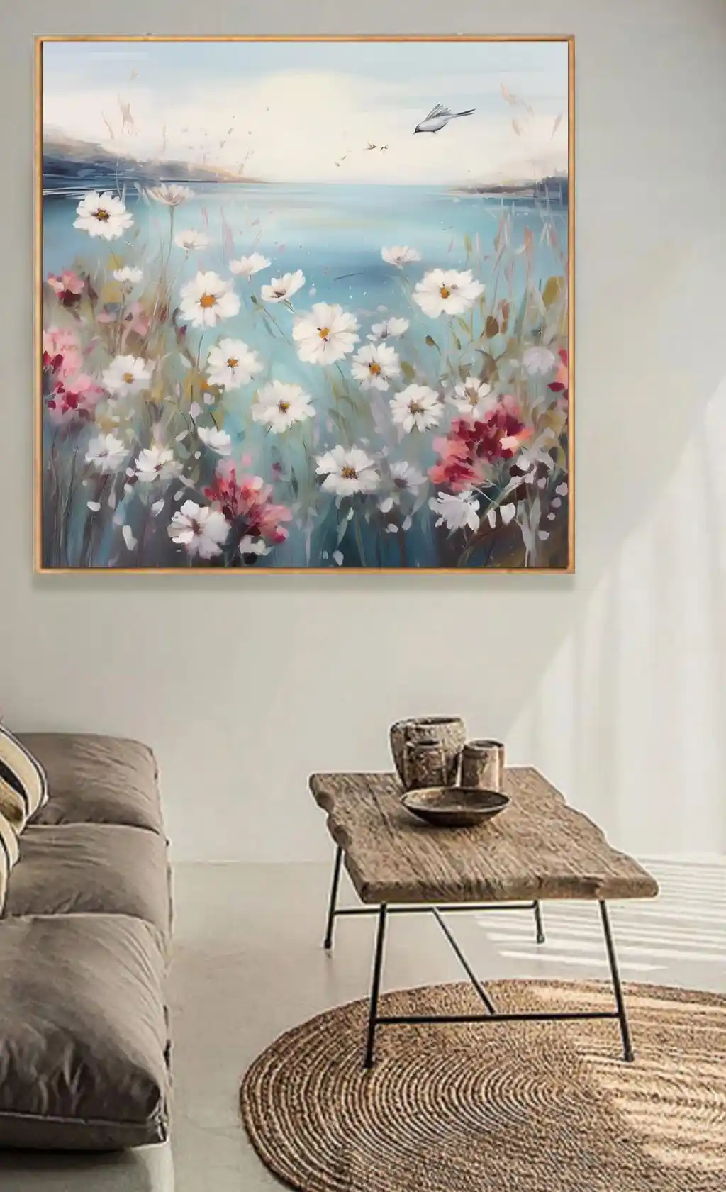 Göl Kenarında Bahar Çiçekleri ve Tek Kuş