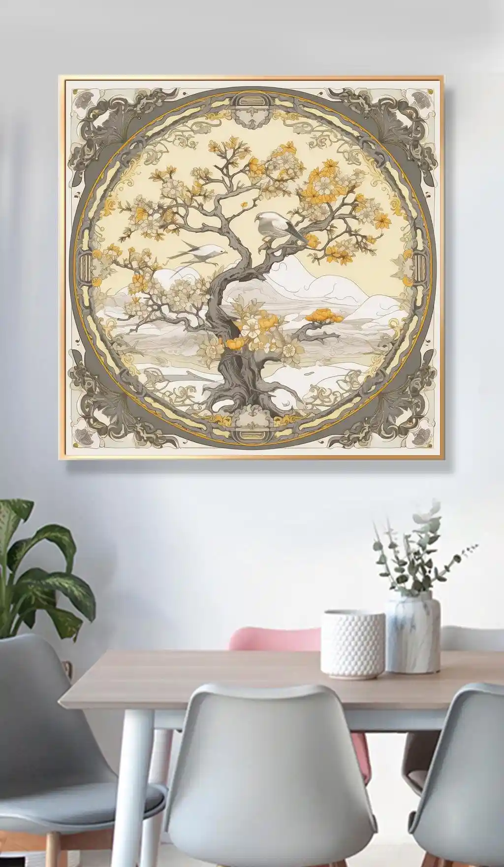 Altın Tonlarında Otantik Ağaç ve Kuş Figürlü Madalyon Tablo